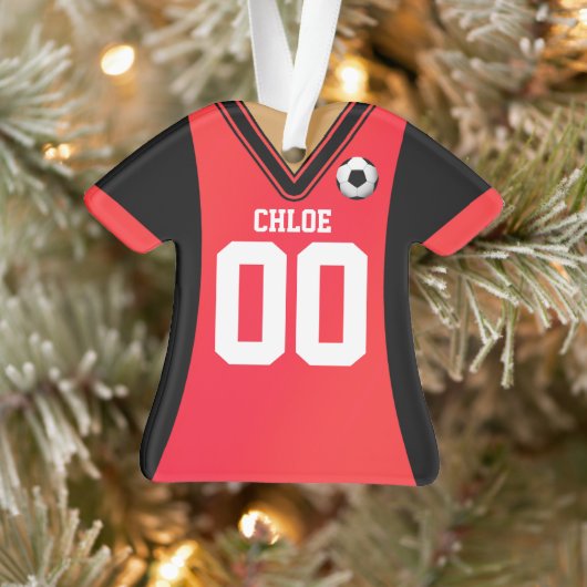Gepersonaliseerde zwarte/Rode Voetbal Jersey Ornament (Boom)