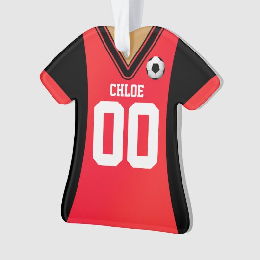 Gepersonaliseerde zwarte/Rode Voetbal Jersey Ornament (voorkant)