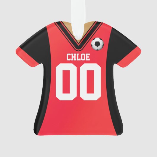 Gepersonaliseerde zwarte/Rode Voetbal Jersey Ornament (achterkant)