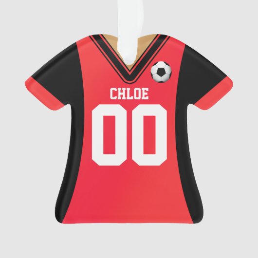 Gepersonaliseerde zwarte/Rode Voetbal Jersey Ornament (voorkant)