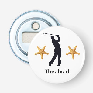 Gepersonaliseerde zwarte silhouet man w / zeester button flesopener