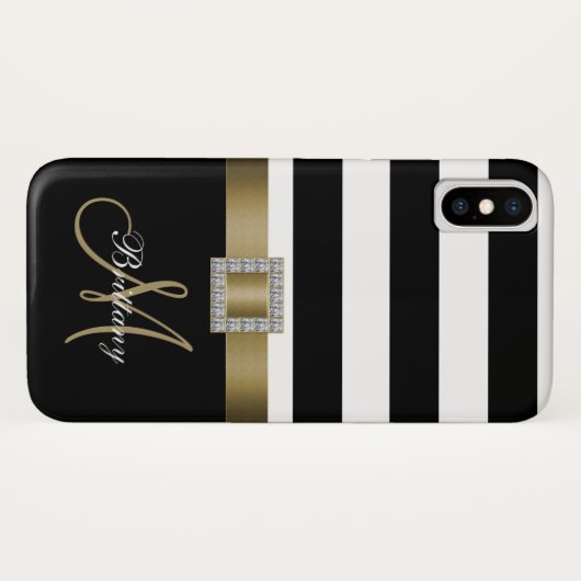 Gepersonaliseerde zwarte strepen Gold-monogram Case-Mate iPhone Case (Achterkant (horizontaal))