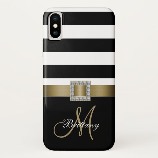 Gepersonaliseerde zwarte strepen Gold-monogram Case-Mate iPhone Case (Achterkant)