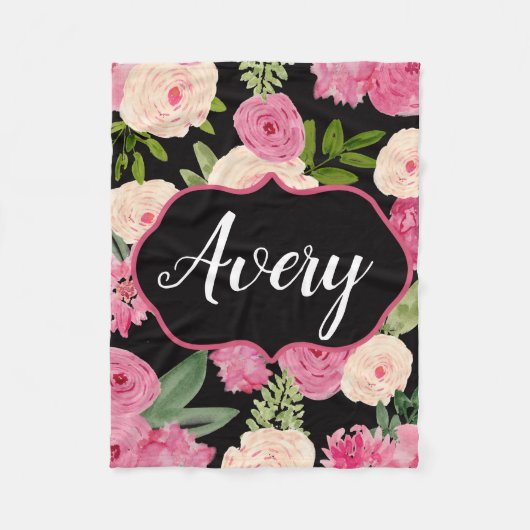 Gepersonaliseerde zwarte Waterverf Flowers Blanket Fleece Deken (Voorkant)
