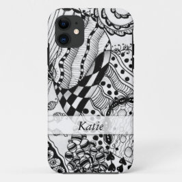 Gepersonaliseerde Zwarte & Witte Doodled, iPhone 11 Hoesje