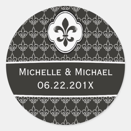 Gepersonaliseerde zwarte witte Fleur de Lis kettin Ronde Sticker (Voorkant)