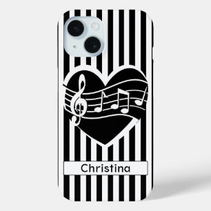Gepersonaliseerde zwarte witte Muzieknoten Hartstr iPhone 15 Case