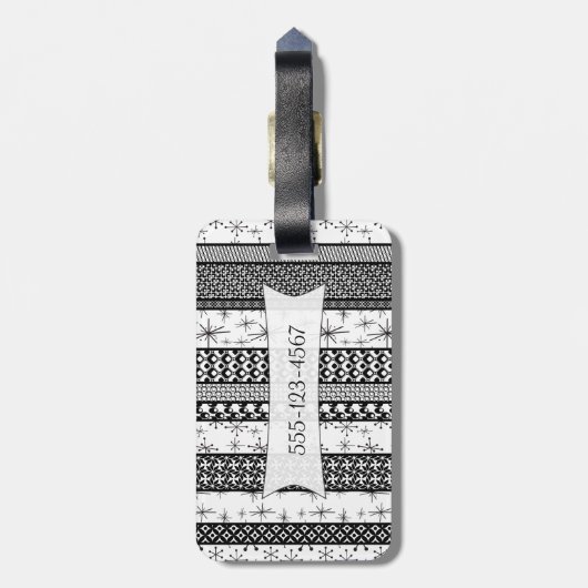 Gepersonaliseerde Zwarte & Witte Retro Strepen 1 Bagagelabel (Achterkant verticaal)