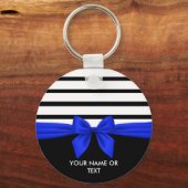 Gepersonaliseerde zwarte witte strepe kerstblauwe  sleutelhanger (Voorkant)
