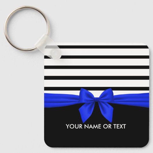Gepersonaliseerde zwarte witte strepe kerstblauwe  sleutelhanger (Voorkant)