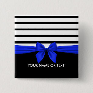 Gepersonaliseerde zwarte witte strepe kerstblauwe  vierkante button 5,1 cm