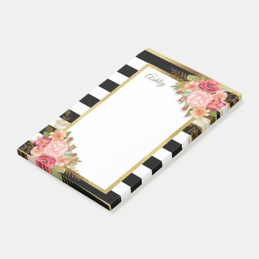 Gepersonaliseerde zwarte witte strepen Roze gouden Post-it® Notes (Schuin)