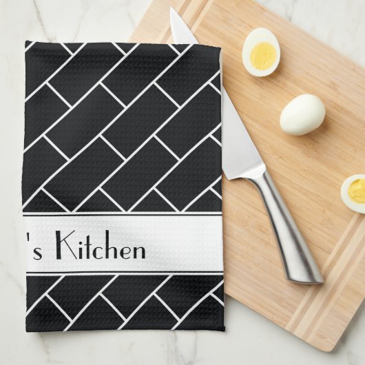 Gepersonaliseerde zwarte witte Subway Tegel Brick Theedoek (Quarter Fold)