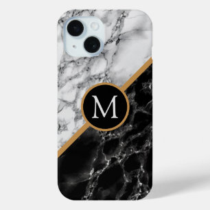 Gepersonaliseerde zwarte zwarte witte marmer iPhon iPhone 15 Case
