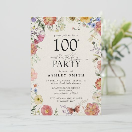 Geperst Bloemen 100ste Verjaardagsfeestje Elegant  Kaart (Staand voorkant)