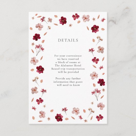 Geperst Rood en Roze Crème, Bloemen Trouwdetails Informatiekaartje (Voorkant)