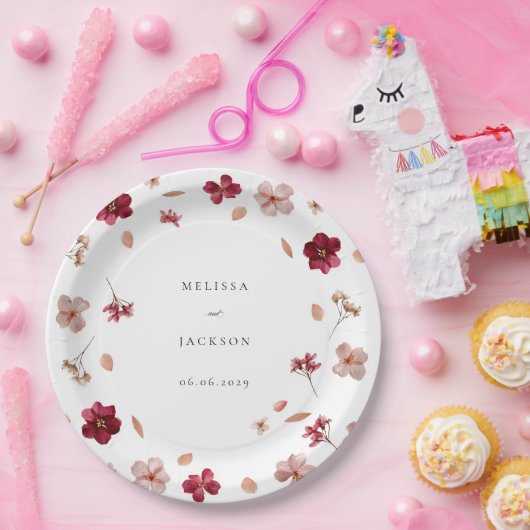 Geperst Rood Roze en Crème, bloemenbruiloft ontwer Papieren Bordje (Feest)