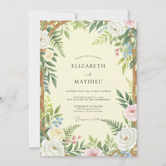 Geperste Bleke Gele Wilde Bloemen Bruiloft Kaart (Voorkant)