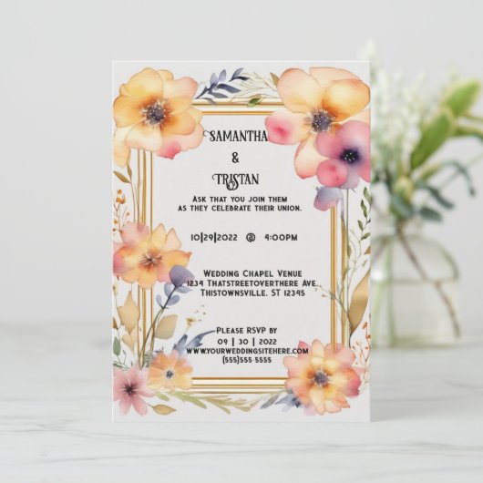 Geperste Bloem Waterverf Gouden Trim Bruiloft Kaart (Staand voorkant)