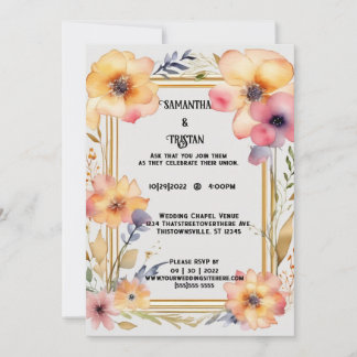 Geperste Bloem Waterverf Gouden Trim Bruiloft Kaart