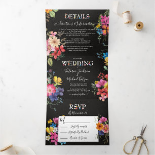 Geperste bloemen Donker Moody bruiloft Drieluik Uitnodiging