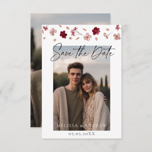 Geperste bloemen en foto save the date (Voorkant / Achterkant)