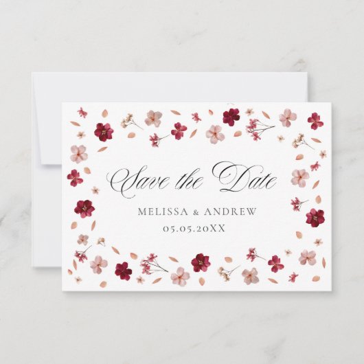 Geperste bloemen en foto save the date (Voorkant)