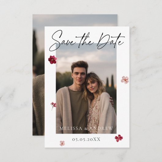 Geperste bloemen en foto save the date (Voorkant / Achterkant)