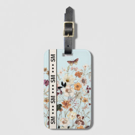 Geperste Wildbloemen Cottagecore Monogram Blauw Bagagelabel
