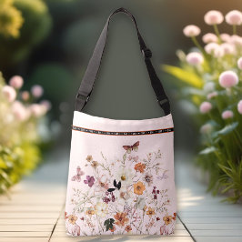 Geperste Wildbloemen Roze Cottagecore Monogram Crossbody Tas