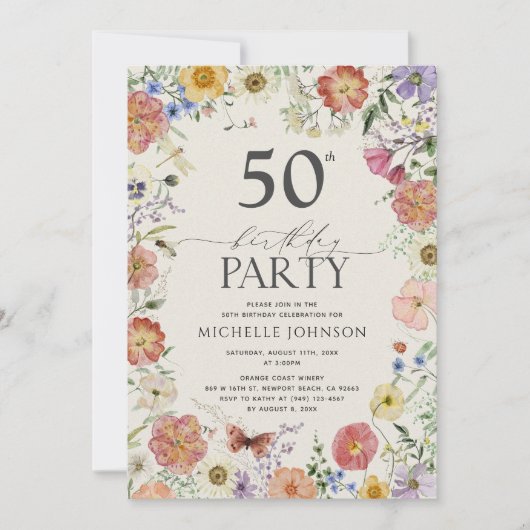 geperste wilde bloemen Lijst 50e verjaardag Invi Kaart (Voorkant)
