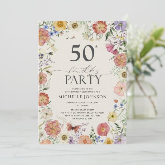 geperste wilde bloemen Lijst 50e verjaardag Invi Kaart (Staand voorkant)