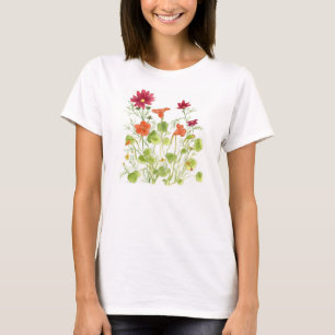 Gepilde Daisy Ladybugs Nasturtium Flowers T-shirt