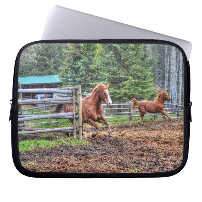 Gepiriseerde Dun-Pony en Chestnut Ranch Horse Raci Laptop Sleeve (Voorkant)
