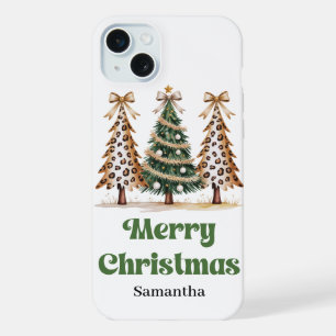 Gepixelde luipaardprint kerstbomen op maat iPhone 15 plus case
