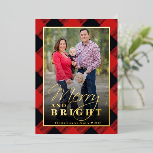 Geplaagd kerstfoto goud folie feestdagenkaart (Staand Voorkant)