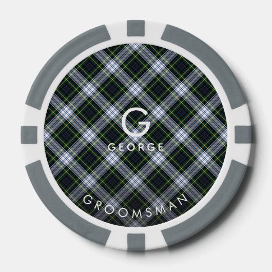 Geplaagd monogram Wit Groen Check Tartan Groomsman Poker Chips (Voorkant)
