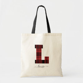 Geplaagd rood en zwart monogram letter "L" Tote Bag