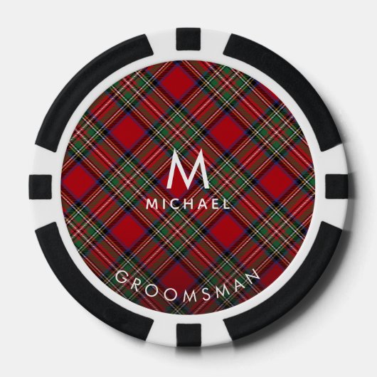 Geplaagd Rood Groen Tartan Groomsman Monogram Poker Chips (Voorkant)