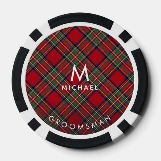 Geplaagd Rood Groen Tartan Groomsman Monogram Poker Chips (Achterkant)