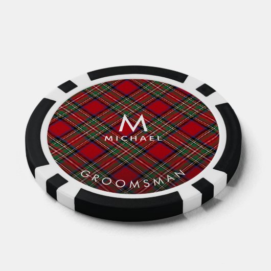 Geplaagd Rood Groen Tartan Groomsman Monogram Poker Chips (Enkel)