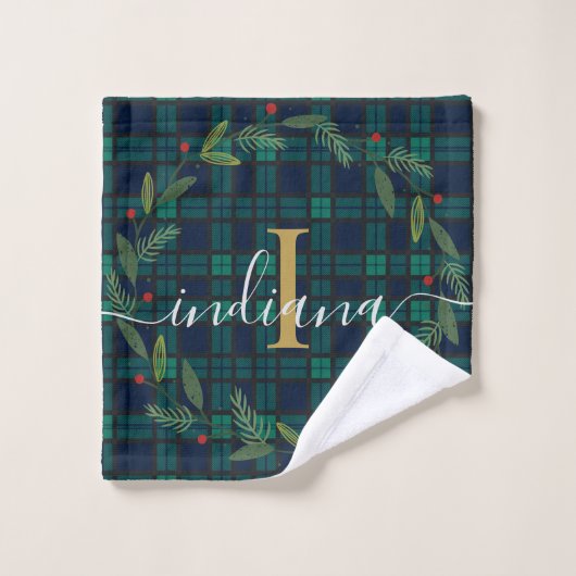 Geplaagd rustiek monogram krans tartan bad handdoek (Wasdoekje)