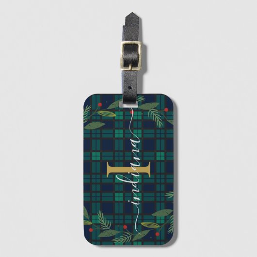 Geplaagd Rustiek Monogram Script Krans Tartan Bagagelabel (Voorkant (verticaal))