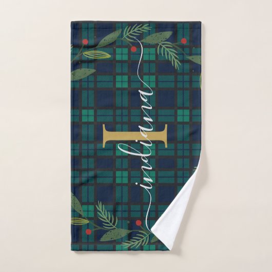 Geplaagd Rustiek Monogram Script Krans Tartan Handdoek (Handdoek)