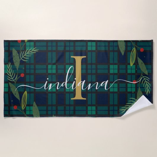 Geplaagd Rustiek Monogram Script Krans Tartan Strandlaken (Voorkant)
