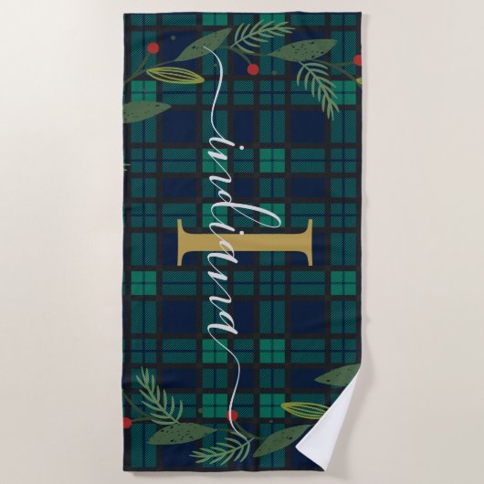 Geplaagd Rustiek Monogram Script Krans Tartan Strandlaken (Voorkant)