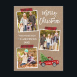 Geplaagde Craft Tape Rode Vrachtwagen Kerst Kraft Briefkaart<br><div class="desc">Modern Brush Script Merry Christmas 3 Photo Collage Holiday Briefkaart bevat Red Plaid Craft Tape en Waterverf  Red Truck met kerstboom. Rustic Kraft Paper.</div>