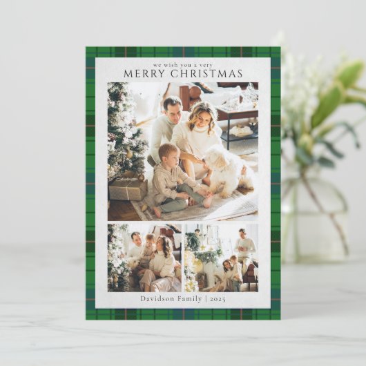 Geplaagde Retro Kerstfoto's Tartan Rustic Feestdagenkaart (Staand voorkant)