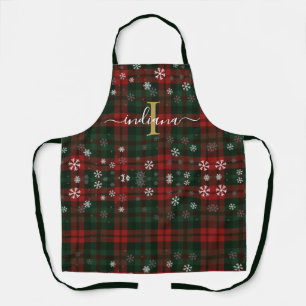 Geplaatst Monogram Script Snowflakes Tartan Custom Schort