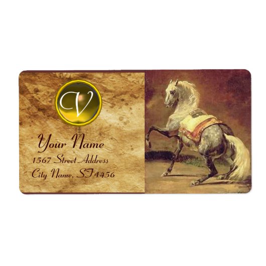 GEPLAATSTE DRUKZUUR MONOGRAM, bruin goudgeel Etiket (Voorkant)
